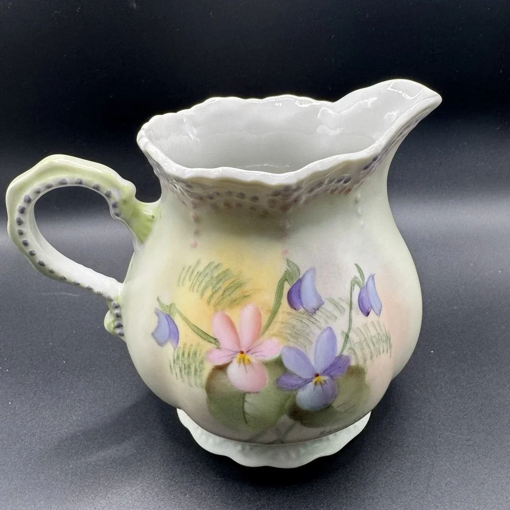 Vintage 1981 Hand-Painted Floral Porcelain Large Creamer Milk Pitcher